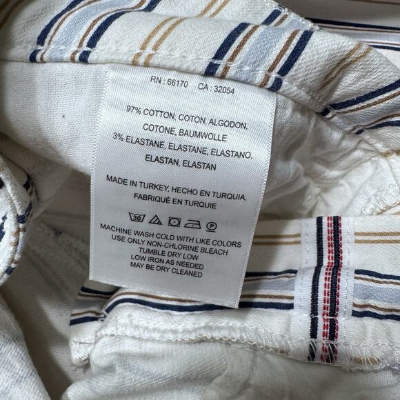 Pilco Pants Womens 28 Cream Brown Blue Striped High Rise Bootcut Raw Hem Casual - Picture 15 of 15